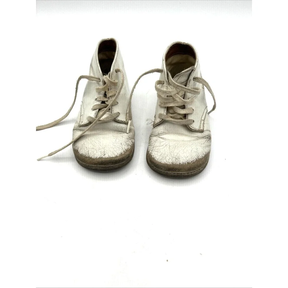 Vtg White Leather Baby Shoes Toddler Size 4.5 Wide Lace Up Mid Top Booties 5